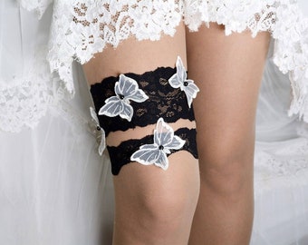 Wedding clothing minimal wedding garter set black white lace garter butterflie garters accessories bridal garter set farm wedding garter set