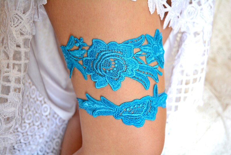 Teal blue garters, lace bridal garter, bridal garters, handmade garter, something blue, toss garter, blue garter, garter belt, wedding gift image 10