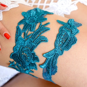 Teal blue custom size and colors bridal elegant gift for brides bridesmaid teal flower something blue teal lace garter set wedding clothing