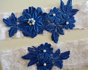 Garters Royal Blue & White Personalized Bridal Garter Blue, Wedding Garter Set Blue Lace Appliques Garter, Wedding Blue Garter Set Lace Blue