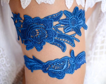 Royal blue wedding garter set belt something blue handmade garter, blue garter for brides lace bridal garter blue your color garter wedding