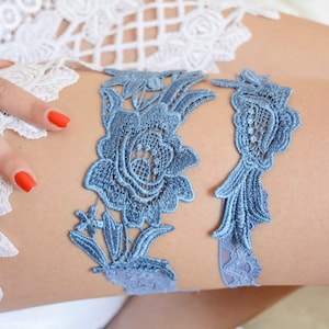 Blue lace wedding garter set something blue, blue bridal garter set, bride gift bridal lace set garter lingerie flower lace blue garter sets image 1