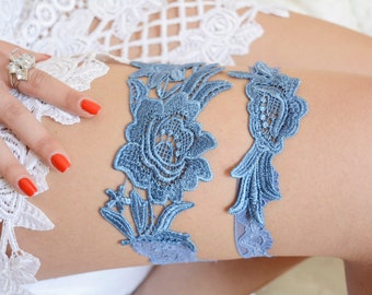 Blue lace wedding garter set something blue, blue bridal garter set, bride gift bridal lace set garter lingerie flower lace blue garter sets