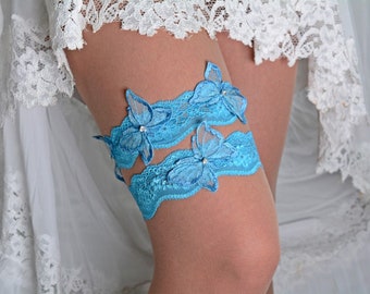 Turquoise butteqflies wedding garter set, blue lace bridal garter set, butterfly bridal gift lingerie garter blue gift garter lace clothing