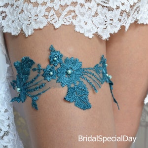Wedding garter set teal blue lace & beaded bridal garter, wedding handmade garter, bridal garter set teal blue lingerie garter belt set blue