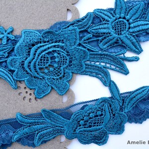 Teal Blue Flower Unique Lace Garter Set For Wedding, Teal Blue Bridal Garter Set Something Blue Gift, Bridal Garters Blue For Bride Wedding
