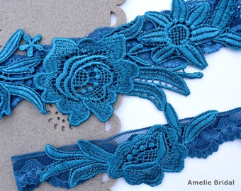 Wedding Blue Flower Garte Set Lace For Bride, Blue Bridal Garter, Teal Blue Garter, Bridal Garter Something Blue, Bridal Garters For Wedding