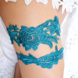 Garter set teal blue brides bridal garters lace lingerie teal simple garter teal something blue gift wedding teal lace blue garters set belt