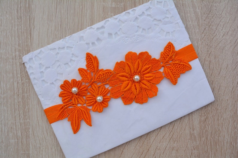 Orange Flower Lace Wedding Garters Bridal Garter Set, Wedding Garter Set, Bridal Garter Lace Orange Garter Set Bridal Garter Set Prom Garter image 1