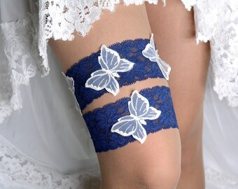 Dark blue lace bridal garter set something blue brides ivory wedding garter navy lace lingerie blue summer navy bridesmaid butterfly garter