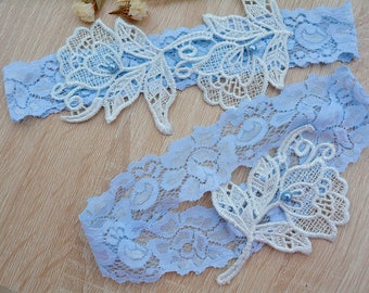 Wedding Lace Set Of Garter White Blue Flower Bridal Garter White, Wedding Garter Set, Garter Belt Blue White Wedding Garter Baby Blue Garter