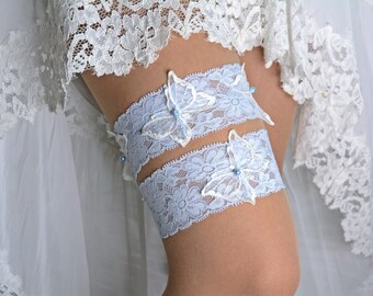 Light blue lace bridal garter set something blue bride gift, wedding handmad summer blue white garter, butterfly summer simple garter bridal