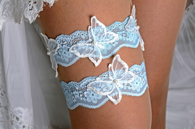 Pale blue lace bridal garter set butterfly bride gift, wedding garter blue boho summer garters blue white garter butterfly garters lingerie image 2