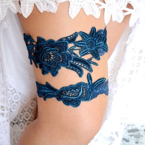 Dark teal garters lace bridal garter for wedding handmade garter something blue toss keepsake blue wedding garter set belt wedding gift blue