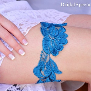 Teal blue lace appliques wedding garter set for brides wedding party, bridal bilue gift accesory unique garter set belt turquoise blue lace