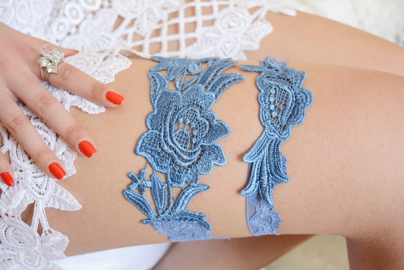 Blue lace wedding garter set something blue, blue bridal garter set, bride gift bridal lace set garter lingerie flower lace blue garter sets image 2