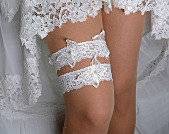 White lace butterflies wedding garte set wedding garter set bridal lace garter set lingerie wedding clothing, butterfly wedding accessories