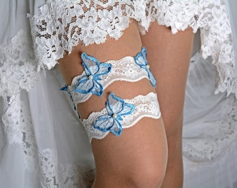 Ivory stretchy lace and teal blue butterflies bridal garter set appliques wedding gift garters ivory summer boho wedding toss garters ivory