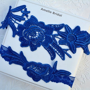 Minimal Simple Bride Lace Garter Royal Blue Color Bridal Garter Set, Wedding Garter Blue Set, Garter Belt Something Blue Wedding Gift Garter