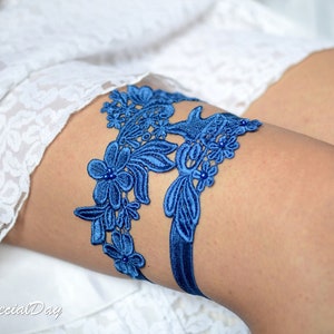 Liga de boda azul conjunto liga nupcial establecer algo azul encaje boda azul real liga ropa de boda tirar liga para regalo de dama de honor
