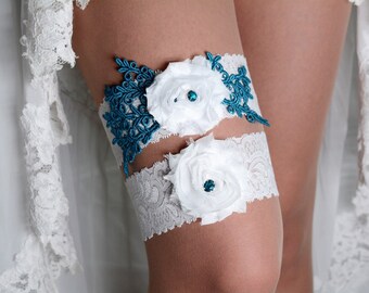 Wedding garter set white & teal blue lace crystal, wedding garter teal blue garter lace white garter, white wedding set bridal garter set