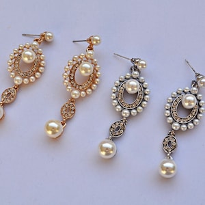 Gold long pearl earrings bridal earrings gold wedding earrings, pearl earrings pearl dangle earrings, cz bridal earrings brides jewelry gold
