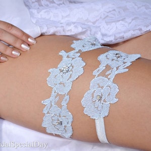Light blue lace crystal wedding garter set for brides custom size colors lingerie garters for wedding lace rhinestone garter set blue lace