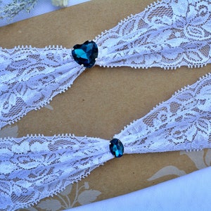 Wedding Garter Teal Heart Rihenstone Off White Lace Garter Set Lingerie, Wedding Garter Set Teal Crystal Garter, Handmade Chic Keep Garters