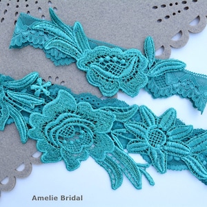 Teal Green Lace Wedding Garters Sets For Brides, Bridal Garter Set Teal Green, Wedding Toss Keepsake Garter Teal Lingerie Garter Belt Bridal
