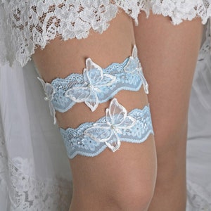 Pale blue lace bridal garter set butterfly bride gift, wedding garter blue boho summer garters blue white garter butterfly garters lingerie image 1