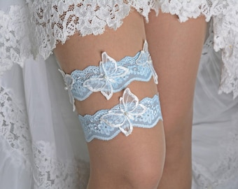 Pale blue lace bridal garter set butterfly bride gift, wedding garter blue boho summer garters blue white garter butterfly garters lingerie