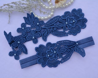 Accessoires de mariage Quelque chose de bleu pour les mariées, Blue Lace Garter Set Bridal Lingerie - Jarretière, Wedding Garter Blue Bridal Handmade Jarretters