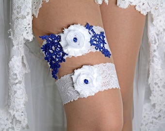 Wedding garter set royal blue lace and white flower for brides toss & keepsake bridal garter set for winter wedding garter set blue bridal