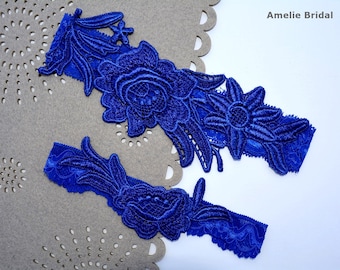 Wedding Garters Cobalt Blue Lace Something Blue Garter For Bridal, Wedding Blue Garter Belt, Bridal Lace Garter Blue Lace Wedding Garter Set