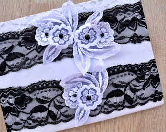 White Black Stretch White Black Lace Pearls Wedding Bridal Garter Toss Set, Ready To Ship Wedding Handmade Black & White Wedding Garter Set