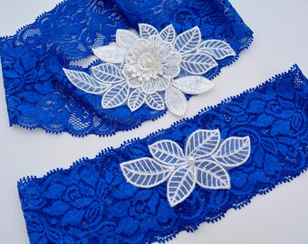 Something Blue Garter Royal Blue Garter For Wedding, Bridal Lace Garter Set, Blue Bridal Garter, White Blue Wedding Set Blue Garter Wedding