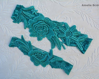 Teal Green Lace Set Wedding Garter, Teal Wedding Garter, Teal Garter Set, Teal Green Wedding Garter Teal Floral Lace, Teal Lace Garter Belts