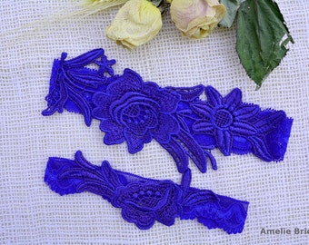 Cobalt Blue Wedding Garter Set Belt, Blue Floral Lace Wedding Garter Set, You Something Blue Wedding Garter Blue, Bridal Blue Lace Garters