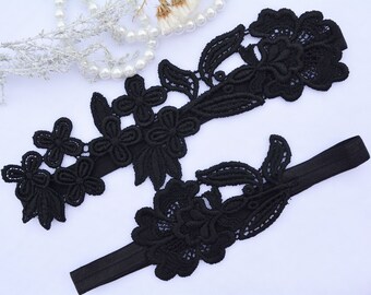 Black Wedding Garter Set Lace Brides Lingerie & Garters Set, Wedding Garter Black Bridal Garter, Black Lace Garter Belt Handmade Garter Goth