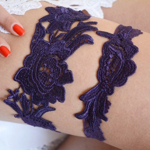 Wedding accessories dark purple floral lace garter set, wedding purple garter set bridal garter for brides lavender garter deep purple gift