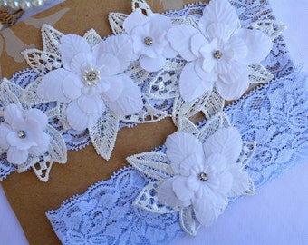 Wedding Garter Set Blue White Personalized Garter, Wedding Blue Garter Set, White Garter Rose Flower Wedding Lace Garter Blue Bridal Garter