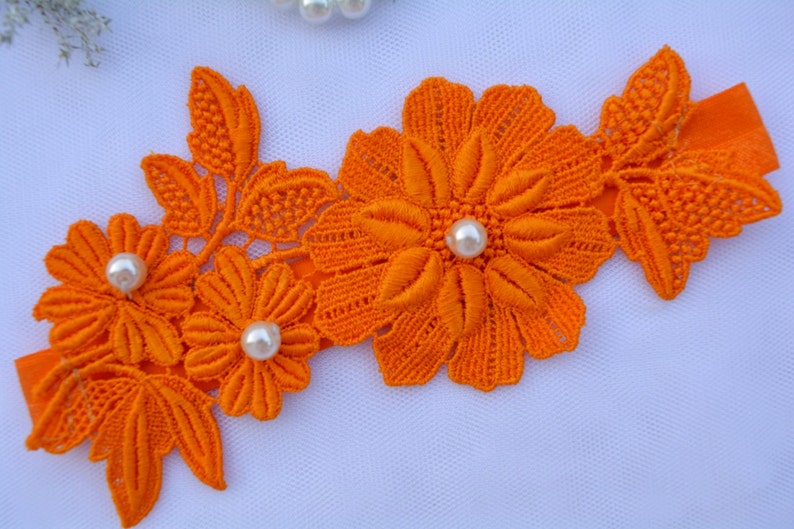 Orange Flower Lace Wedding Garters Bridal Garter Set, Wedding Garter Set, Bridal Garter Lace Orange Garter Set Bridal Garter Set Prom Garter image 3