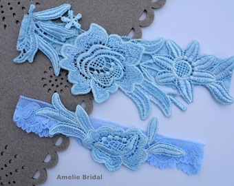 Garter Wedding Light Blue Garter Set, Lace Wedding Garter, Bridal Garter Set Something Blue, Wedding Gift Handmade Garter Set Pale Blue Lace