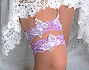 Lavender lace bridal garter set butterfly bride gift wedding garter, handmade simple unique purple white butterfly bridesmaid brides  garter