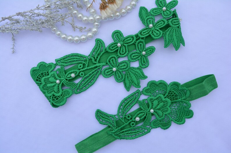 Garter for Wedding Emerald Green Lace Appliques Bridal Garter Set