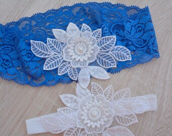 Wedding Accessories White Blue Brides Wedding Garter Set, Bridal Garter Set Something Blue Wedding Garter, Blue Bridal Lace Stretch Garters