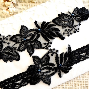 Wedding Clothing Bridal Gift Black Garter Set Handmade Brides Teal Something Blue Gift Goth Wedding Accessories For Brides Prom Black Garter