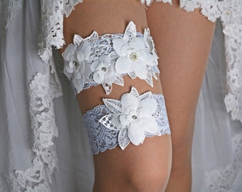 Pale blue & off white 3D flower wedding cristal garter set for brides lace set garter whitebridesmaid wedding garter teal brida toss garter