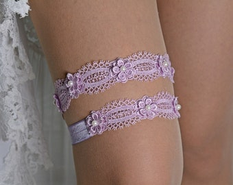 Purple Wedding Garter Set Belt Lavender Garter Set, Wedding Garter Violet, Garter Set Lilac, Garter Purple, 3D Garter, Bridal Garter Purple