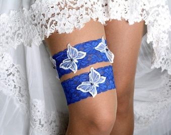 Royal blue lace bridal garter set something blue bride gift wedding gift handmade butterflies blue white garter butterfly garter bridal set